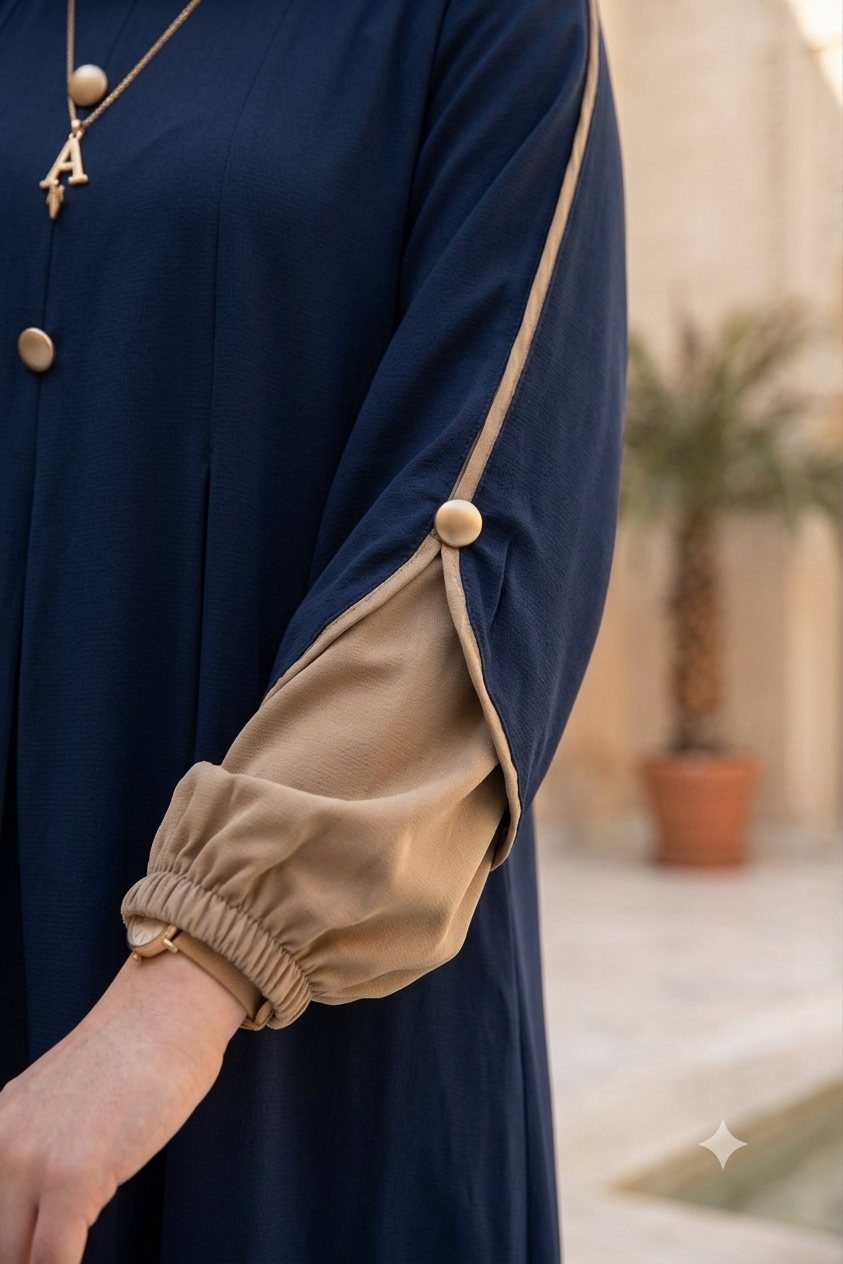 Loose-fit, modest maxi design abaya with two tone seleves contrast